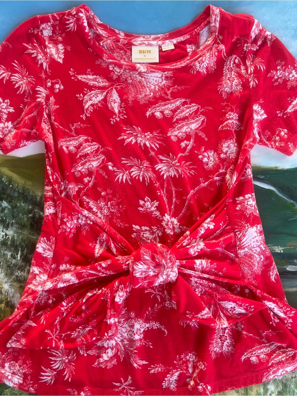 Anthropologie Coral Floral Tie-Waist Short Sleeve Top - Picture 2 of 9